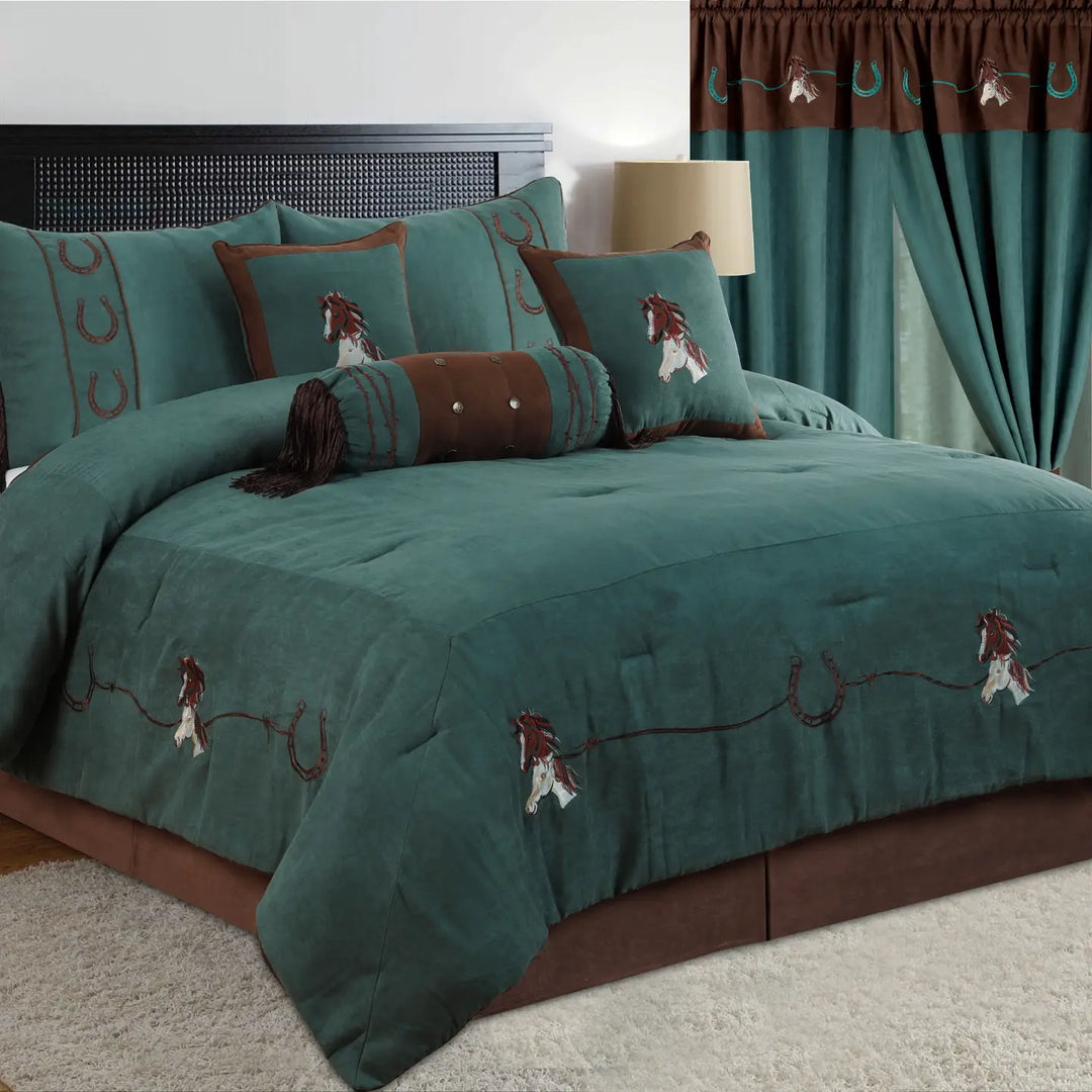 7pc Rustic Turquoise Horse Comforter Set - King