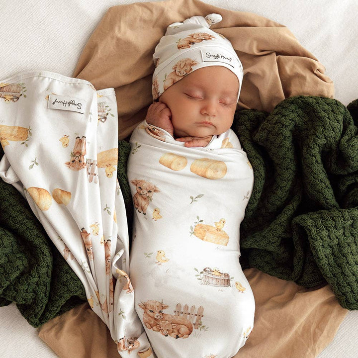 Highland Cows Organic Jersey Wrap &amp; Beanie Set