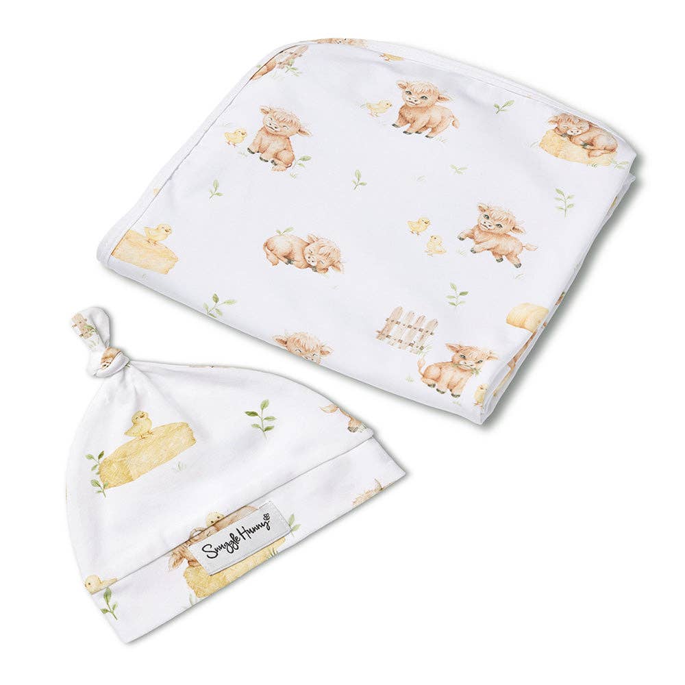 Highland Cows Organic Jersey Wrap &amp; Beanie Set