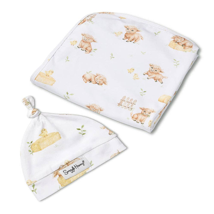 Highland Cows Organic Jersey Wrap &amp; Beanie Set