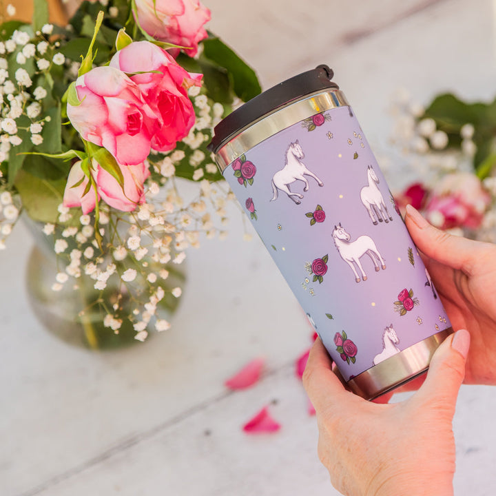 Emily Cole Grey Horse & Roses Travel Mug