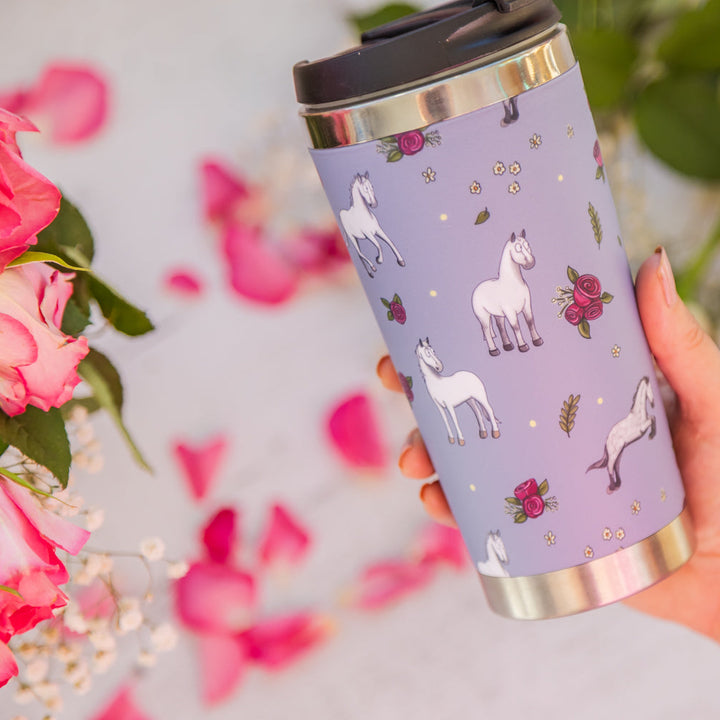 Emily Cole Grey Horse & Roses Travel Mug