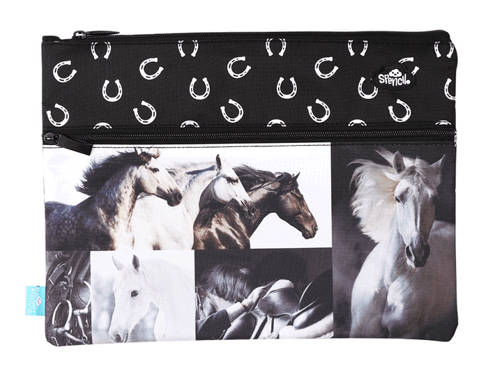 Black & White Horses A4 Twin Zip Pencil Case - The Glamorous Grub