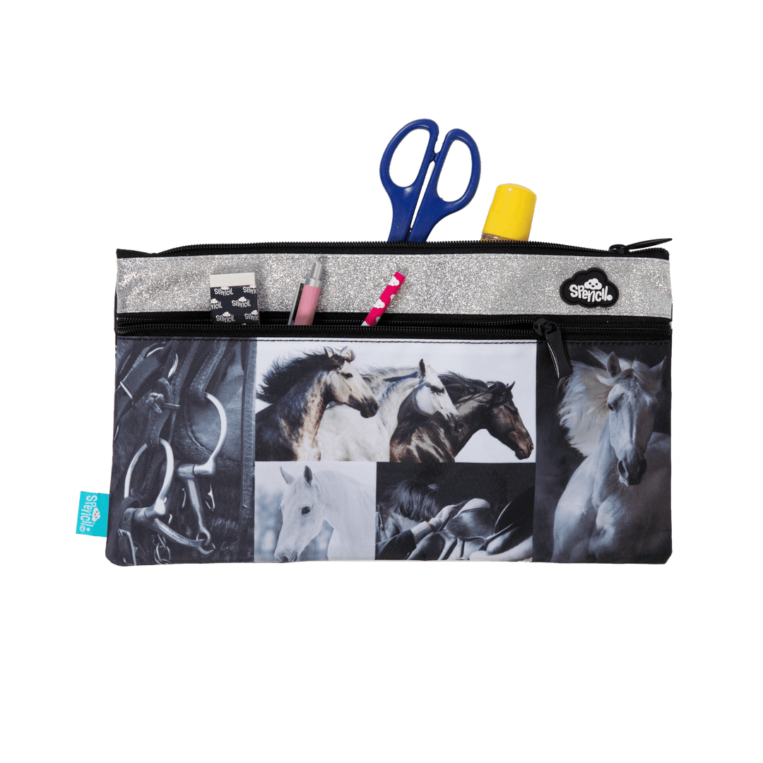 Black & White Horses Twin Zip Pencil Case - The Glamorous Grub