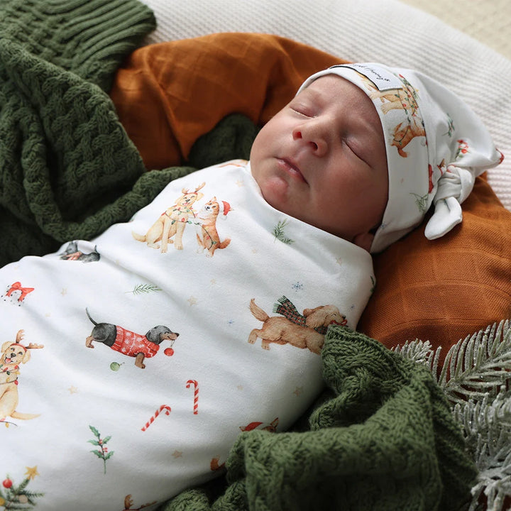Christmas Pups Organic Jersey Wrap &amp; Beanie Set
