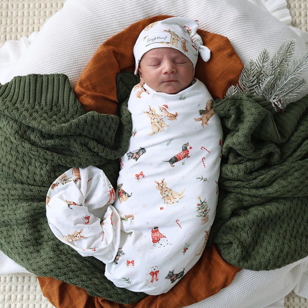 Christmas Pups Organic Jersey Wrap &amp; Beanie Set