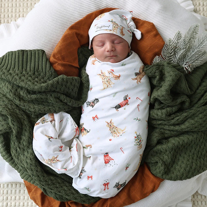 Christmas Pups Organic Jersey Wrap &amp; Beanie Set
