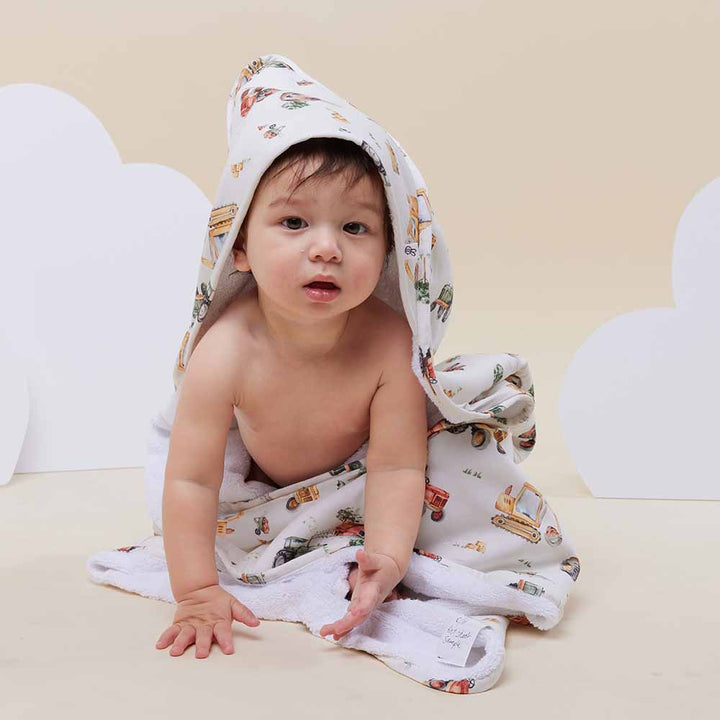 Diggers & Tractors Organic Hooded Baby Towel - The Glamorous Grub