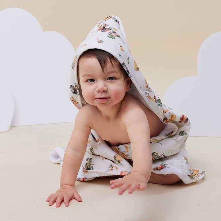 Diggers & Tractors Organic Hooded Baby Towel - The Glamorous Grub