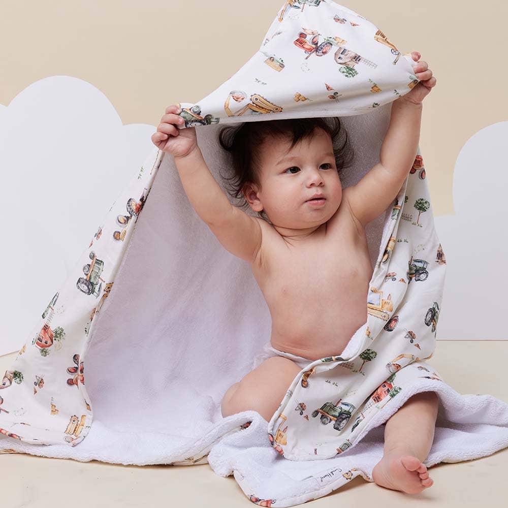 Diggers & Tractors Organic Hooded Baby Towel - The Glamorous Grub