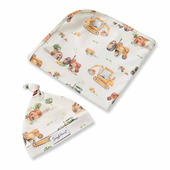 Diggers & Tractors Organic Jersey Wrap & Beanie Set - The Glamorous Grub