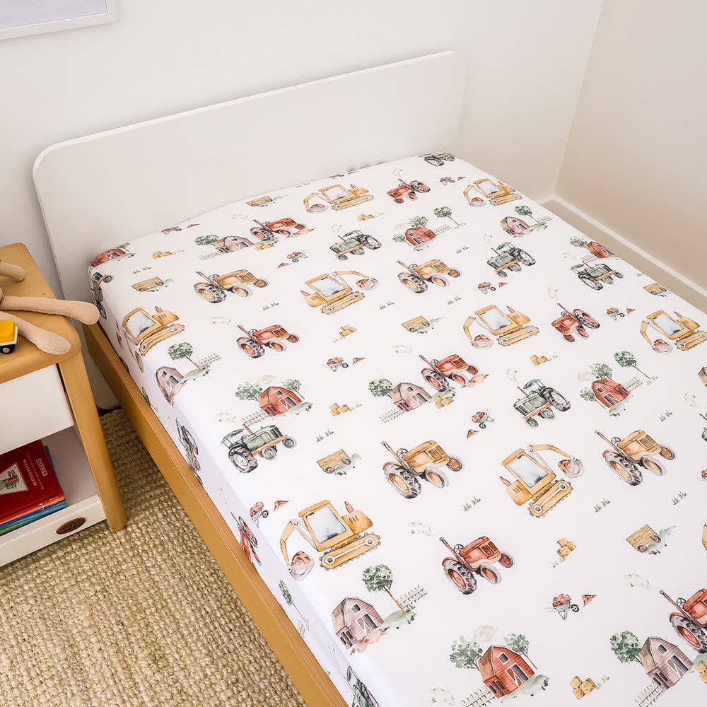 Diggers &amp; Tractors Organic Cotton Fitted Sheet - King Single Bed