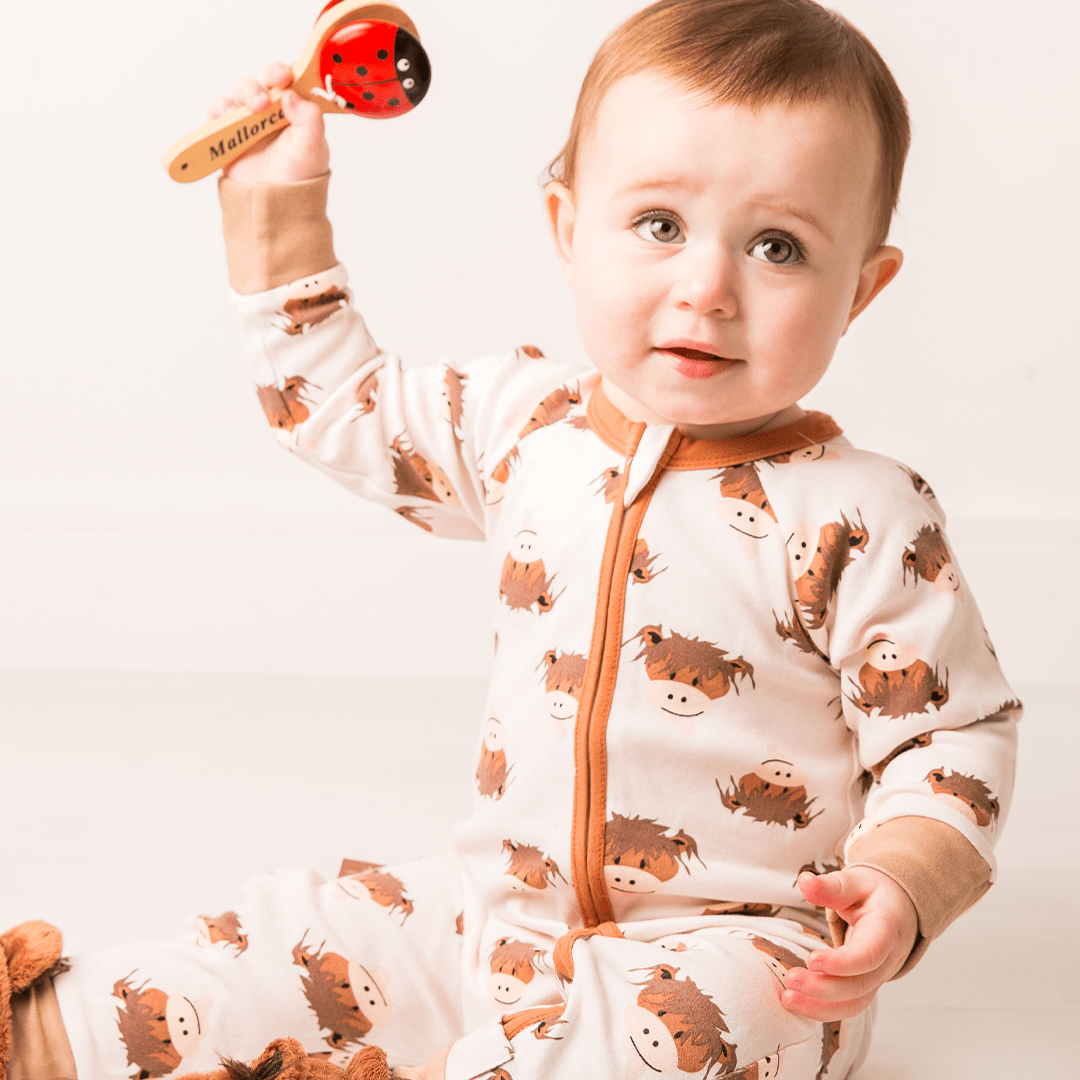 Neutral Hamish Highland Cow Zip - Up Romper - The Glamorous Grub