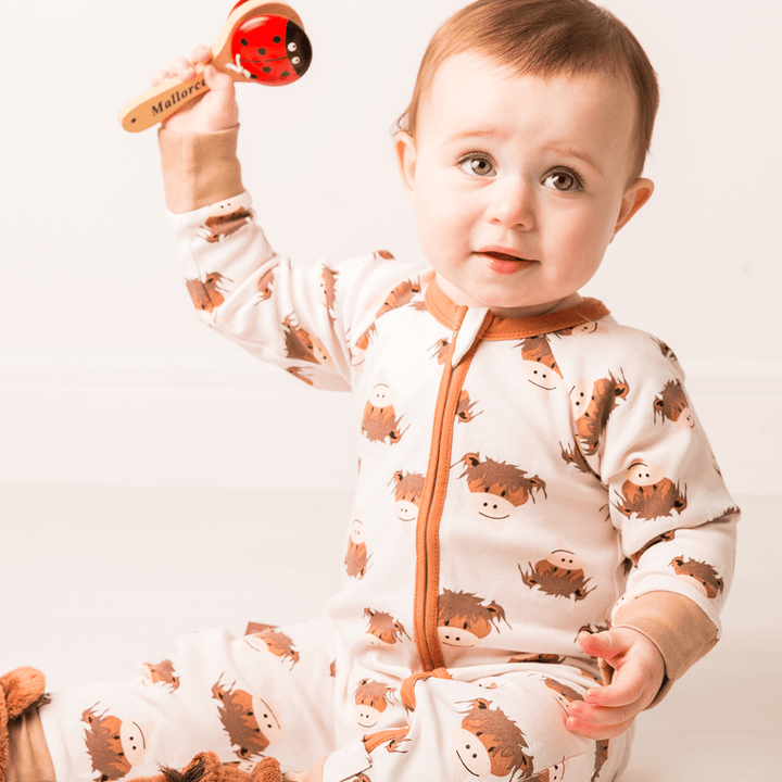 Neutral Hamish Highland Cow Zip - Up Romper - The Glamorous Grub