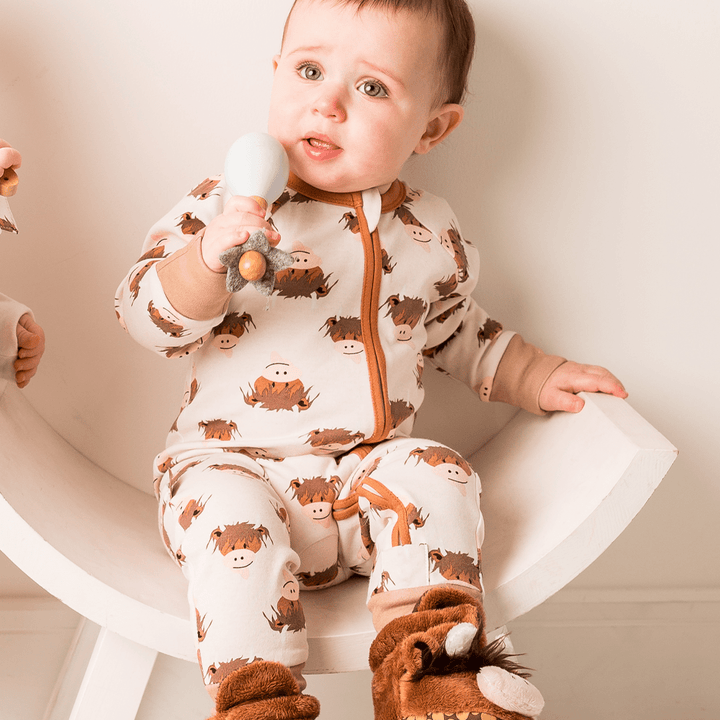 Neutral Hamish Highland Cow Zip - Up Romper - The Glamorous Grub