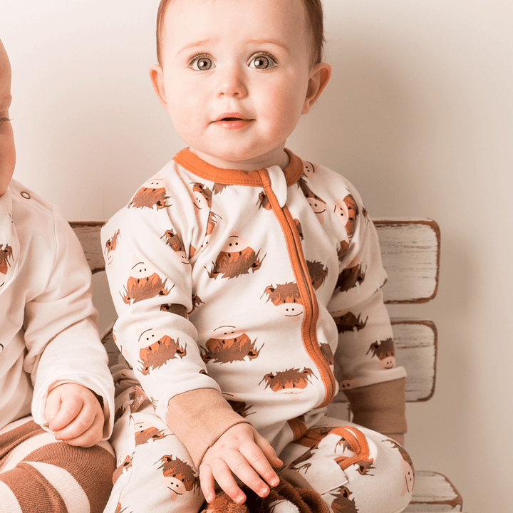 Neutral Hamish Highland Cow Zip - Up Romper - The Glamorous Grub