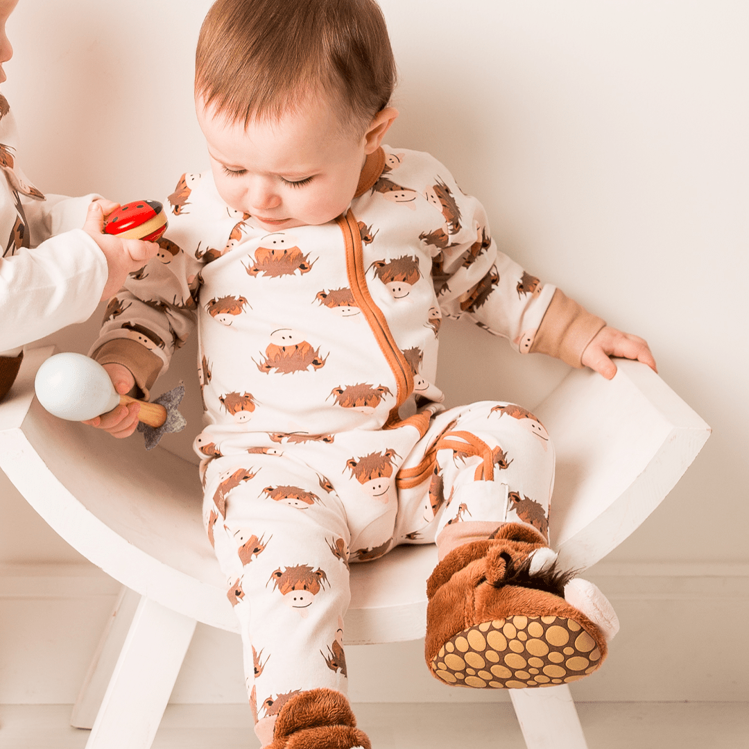Neutral Hamish Highland Cow Zip - Up Romper - The Glamorous Grub
