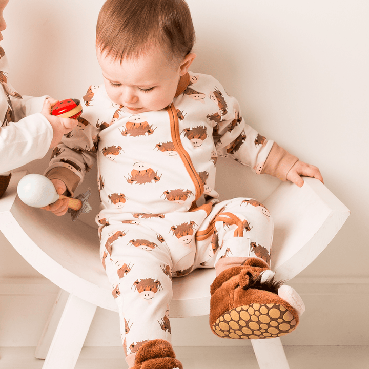 Neutral Hamish Highland Cow Zip - Up Romper - The Glamorous Grub