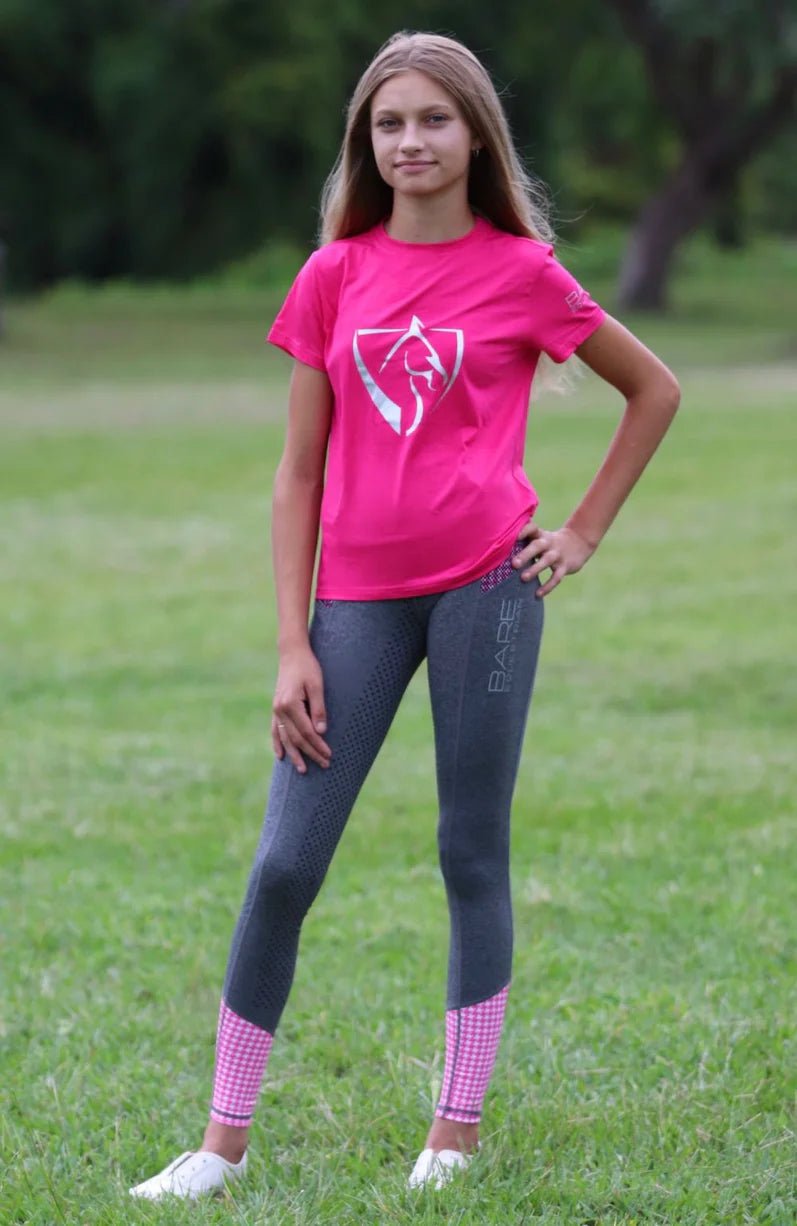 Youth Performance Riding Tights - Grey with Pink Houndstooth - The Glamorous Grub