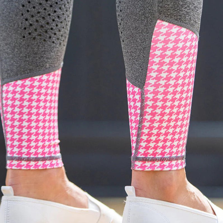 Youth Performance Riding Tights - Grey with Pink Houndstooth - The Glamorous Grub